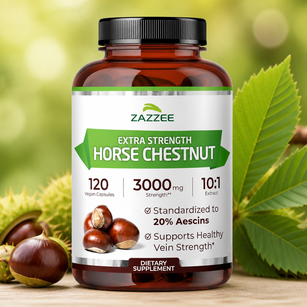 Zazzee Extra Strength Horse Chestnut 10:1 Extract, 20% Aescins, 120 Vegan Capsules, 4 Month Supply, Aesculus Hippocastanum, Healthy Circulation & Blood Flow Support, Non-GMO, Made in the USA