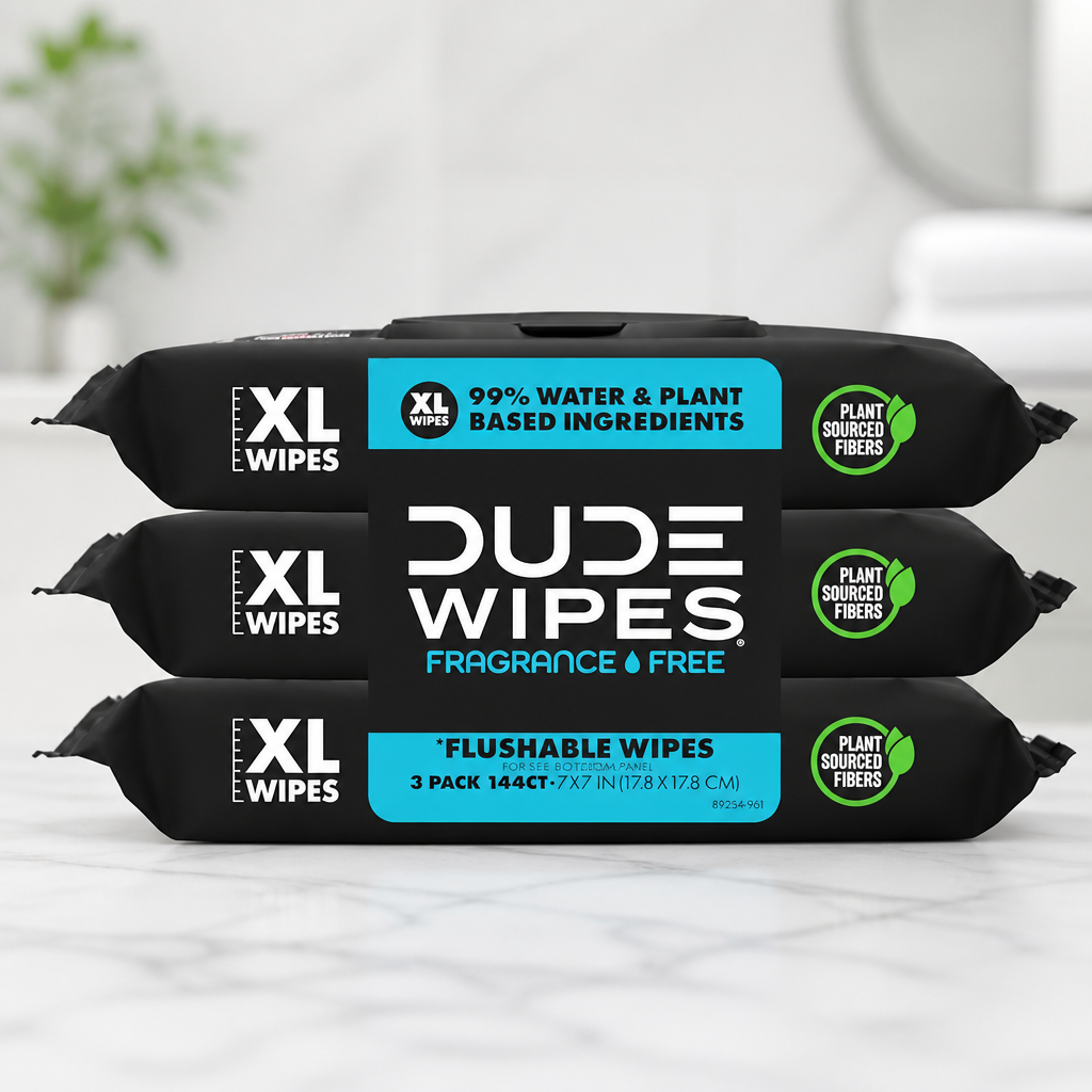 DUDE Wipes Unscented Flushable Wipes - Extra-Large Adult Wet Wipes for Sensitive Skin - 3 Pack (144 Count) - Infused with Vitamin E and Aloe - Septic and Sewer Safe