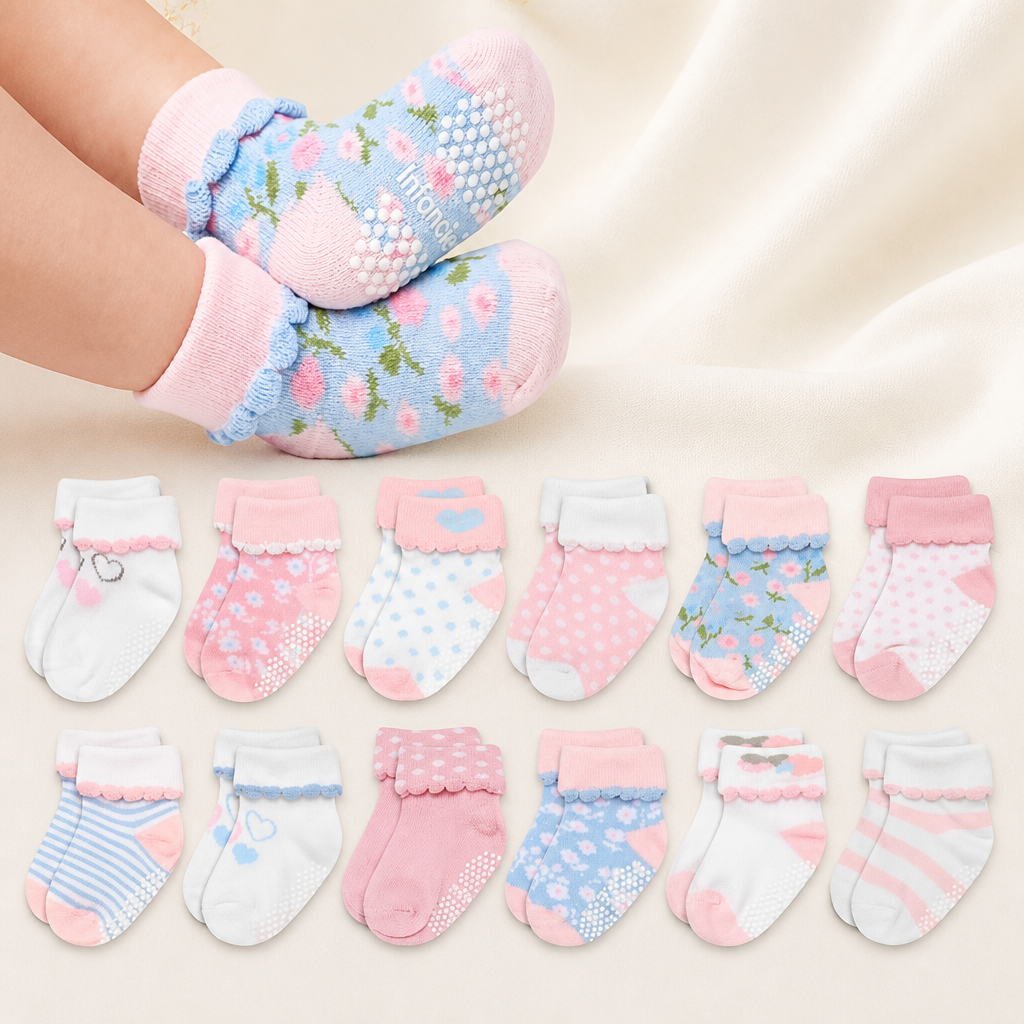 GOTS Certified Organic Cotton Rich Blend Baby Socks 12 Pairs For 0 - 6 (M) Baby Girl Soft, Stretchable & Comfortable Girl newborn Socks, Adorable Sock Shoes For Baby Girl, Gift For Little, Pink
