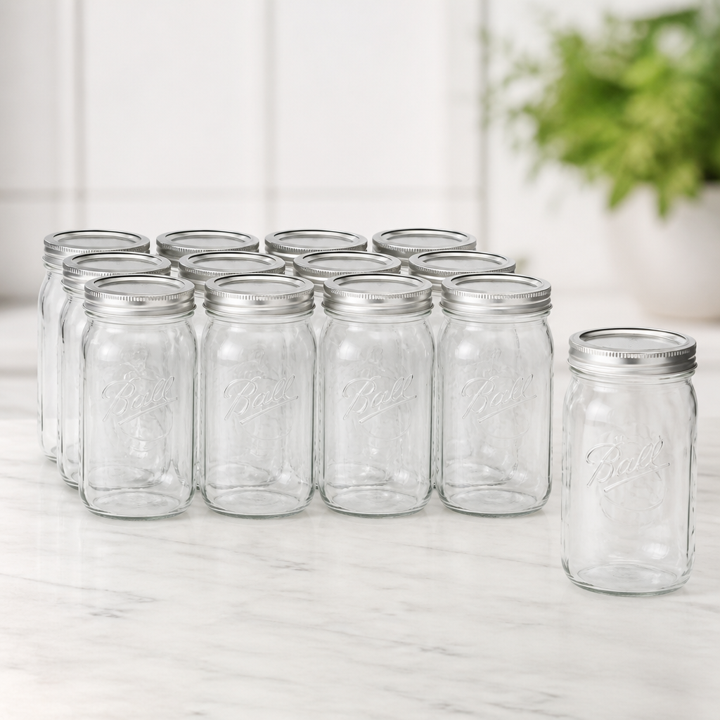 Ball - 32oz Wide Mouth Jars with Lids & Bands 12 Pack Jars, Large Glass Mason Jar for Food Storage with airtight Lid, 0.25 Gallon Glass Jar with Lid and Bands, Set of 12