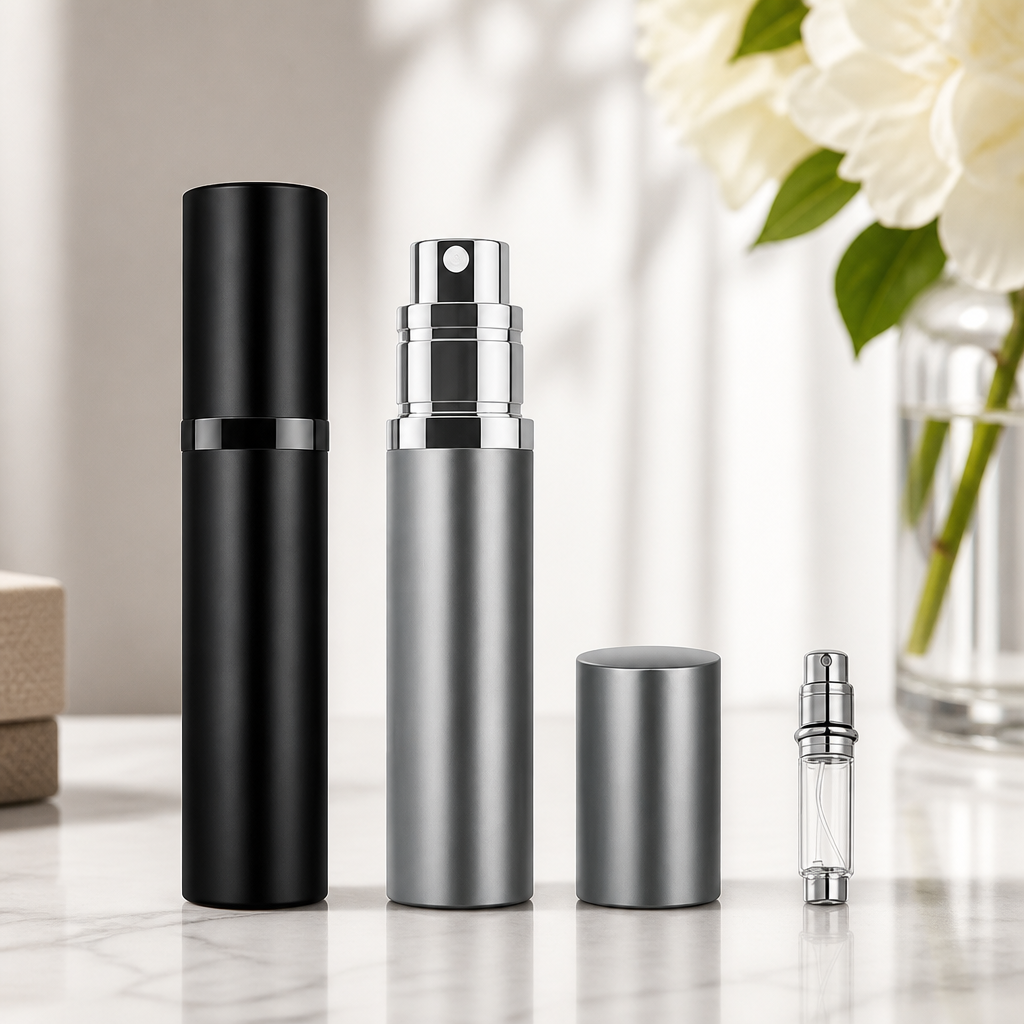 2PCS Perfume Travel Refillable Bottle, Bottom-Filling Fragrances Perfume Atomizer, Empty Mini Cologne Dispenser, Portable Sprayer Pocket Size for On the Go 5ml (Black & Gray)