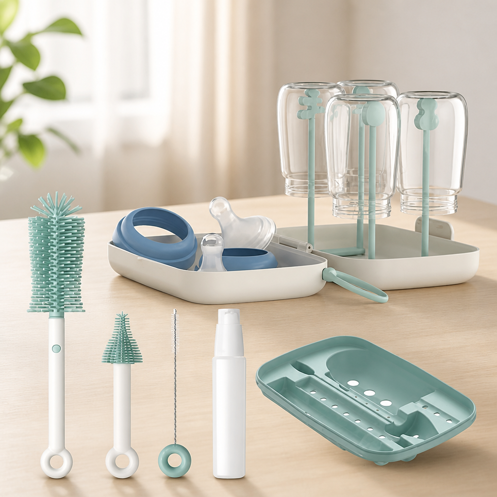 Momcozy Bottle Brush Set - Baby Bottle Cleaner Kit with Silicone Brush, Nipple Brush, Straw Brush, Soap Dispenser, Drying Rack - 7 in 1 Bottle Cleaning Tool for Home and Travel, Green