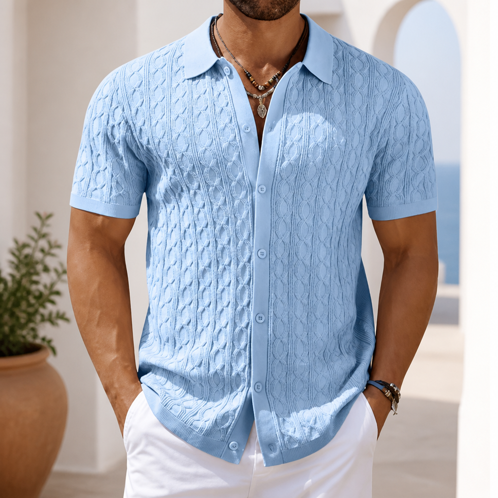 COOFANDY Men's Knit Short Sleeve Shirts Button Down Vintage Knitted Polo Shirt Casual Beach Crochet Cable Vacation Shirt