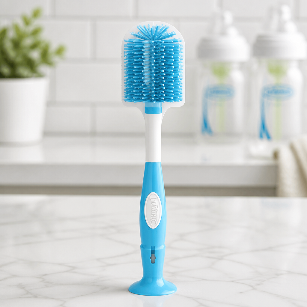 Dr. Brown's Soft Touch No Scratch Baby Bottle Cleaning Brush Nipple Cleaner with Stand and Storage Clip, BPA Free, Blue 1-Pack
