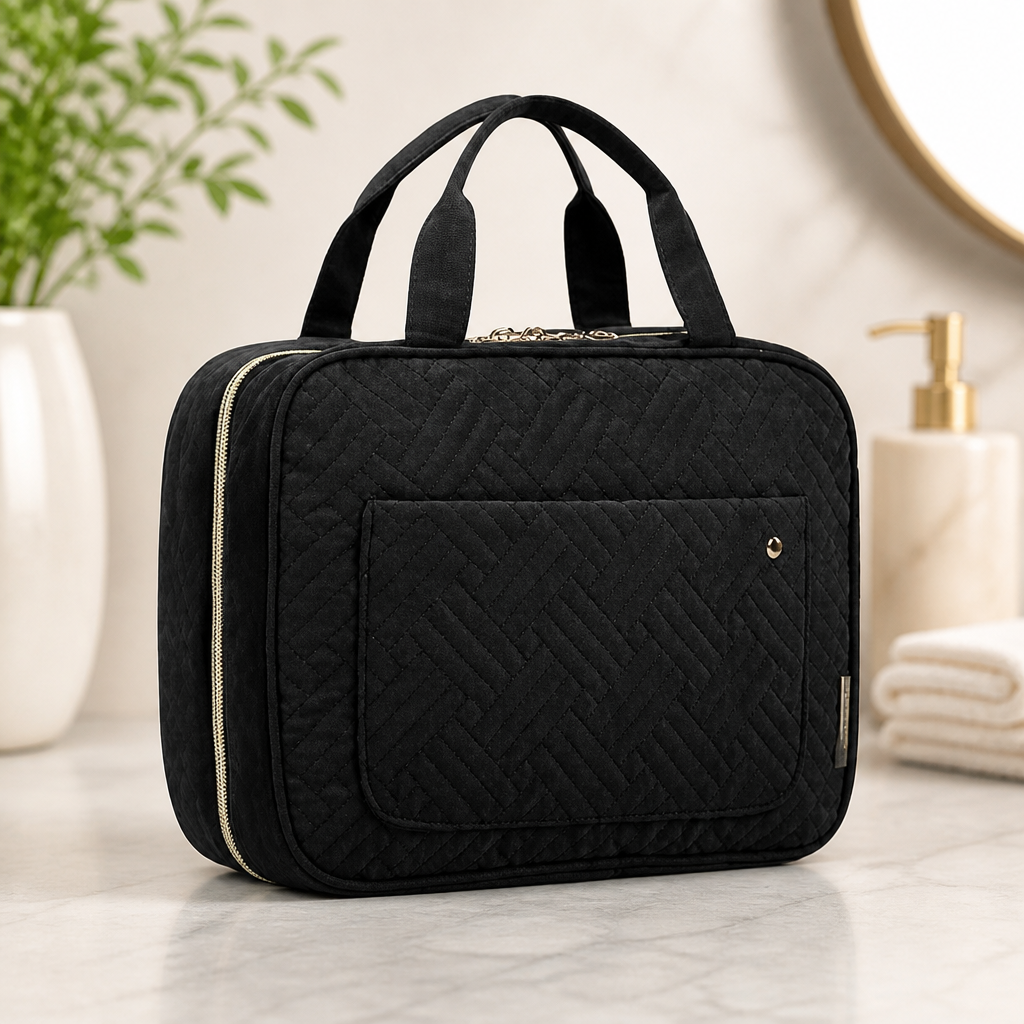 BAGSMART Toiletry Bag Travel Bag with Hanging Hook, Water-resistant Makeup Cosmetic Bag Travel Organizer for Accessories, Shampoo, Full-size Container, Toiletries (Black, Medium)