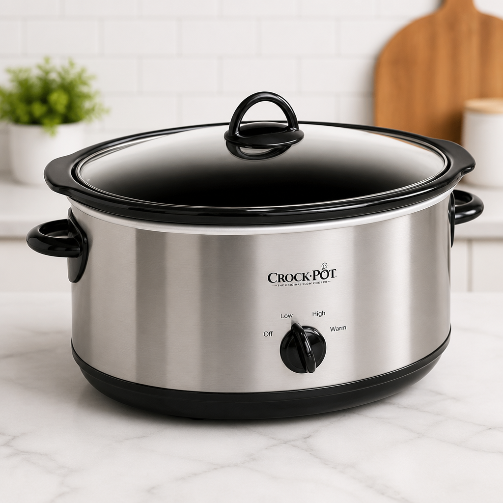 Crock-Pot 7-Quart Manual Slow Cooker, Family Size Serves 8+ People & Fits 6-lb Roast, Removable Stoneware with Warming Setting, Dishwasher Safe for Easy Cleanup, Stainless Steel