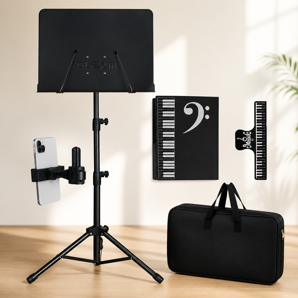 GLEAM Sheet Music Stand - Full Metal with Carrying Bag, Phone Holder, Sheet Music Folder and Clip, 5 in 1 Desktop Book Stand - Black