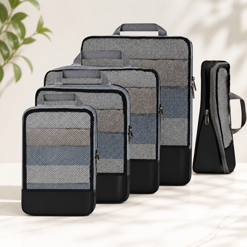 BAGAIL 4 Set/6 Set/8 Set Compression Packing Cubes Travel Accessories Expandable Packing Organizers (Half Mesh, 6-Black)