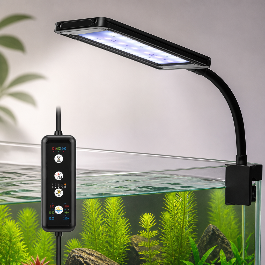 fishkeeper Clip On Aquarium LED Light, 24/7 Mode Full Spectrum Fish Tank Light with Timer, Adjustable 8 Color / 5 Brightness Simulate Sunrise-Day-Sunset-Moon for 7.87-12.99 inch Planted Tank 9W