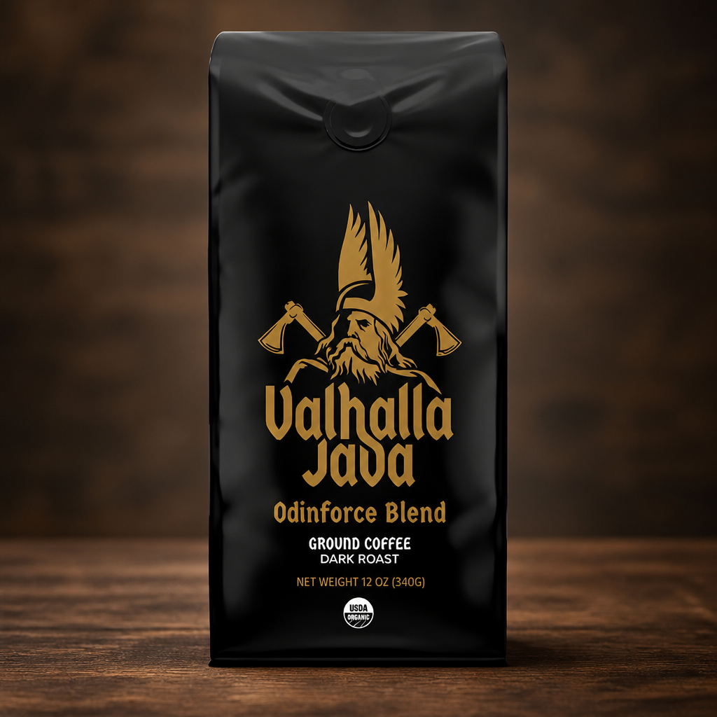 Death Wish Coffee Valhalla Java Dark Roast Ground Coffee, 12 Oz, Bold & Intense Blend of Arabica Robusta Beans, USDA Organic