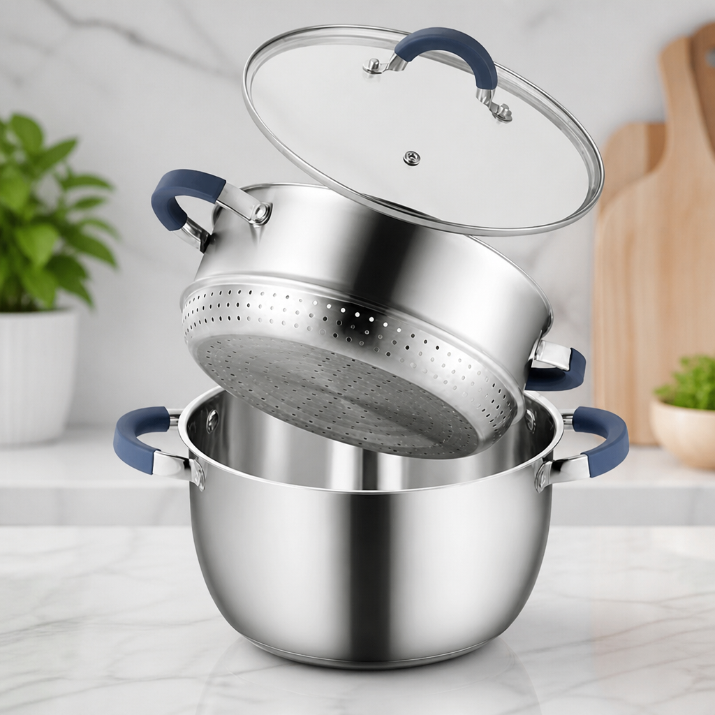 GOLDEN KEY 5.6 QT Steamer Pot with Lid,2-Tier Multipurpose 18/8 Steamer for Cooking with Vegetable Steam Basket for Vegetable,Soup, Seafood,Dumplings,Oven & Dishwasher Safe