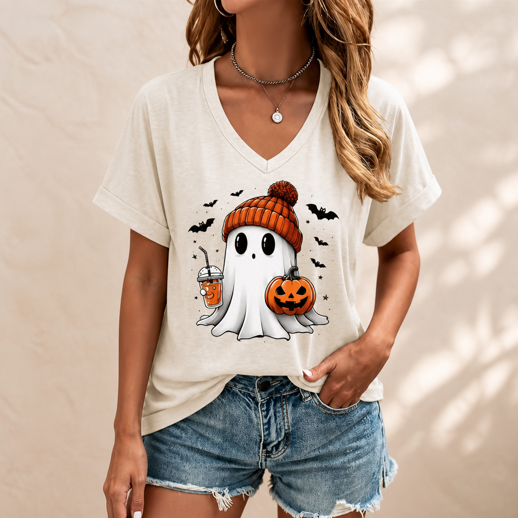 Butovek Women Fall Halloween V Neck Shirt Thanksgiving Graphic Short Sleeve Tee Autumn Holiday Family Matching Tops