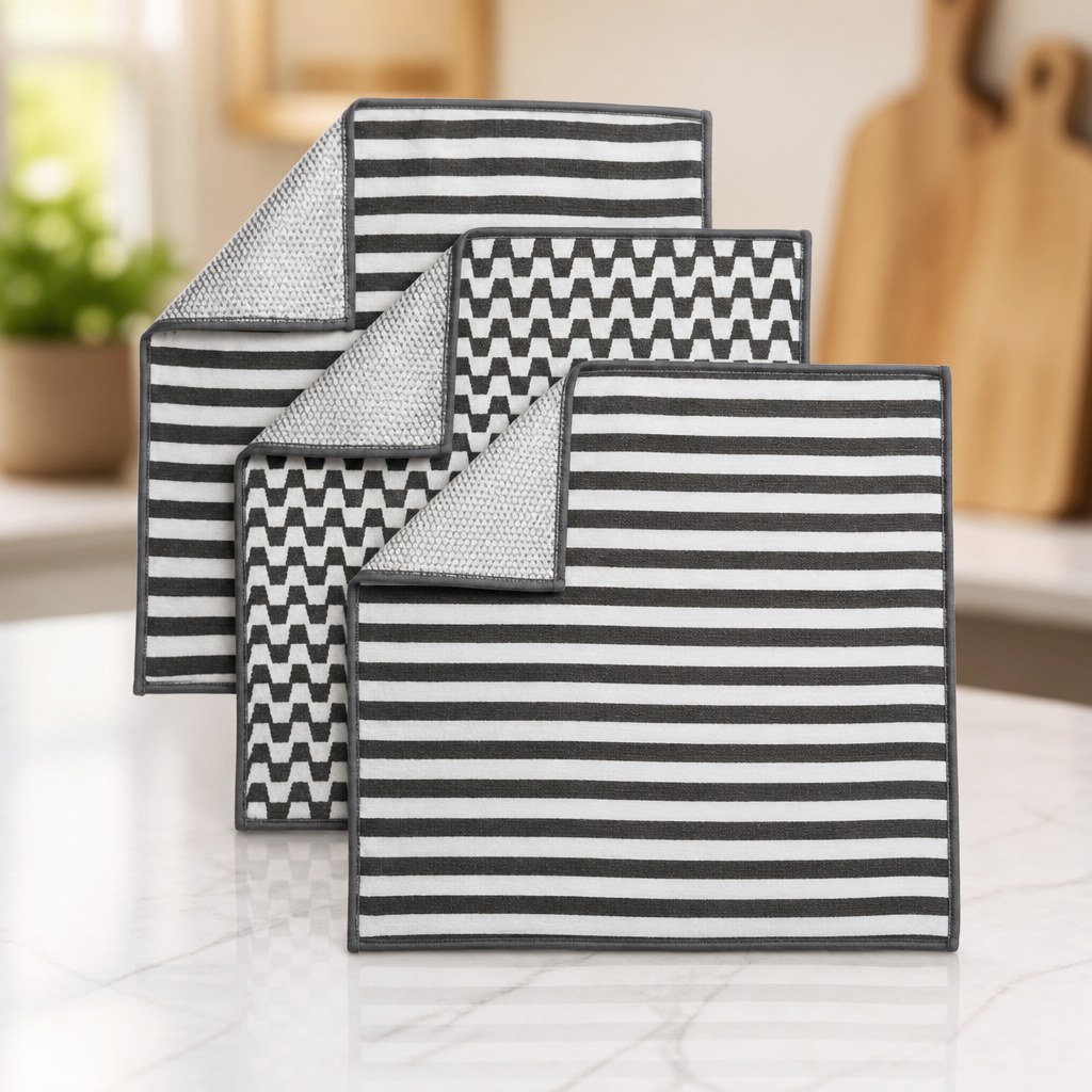 Severn Dish Cloths for Washing Dishes 4pk. Odor-Resistant Dish Rags with Non-Scratch Wire Scrubber Side for Kitchen Cleaning. Grime-Fighting Bamboo-Charcoal Microfiber 2-Sided Dishrags. Machine Wash