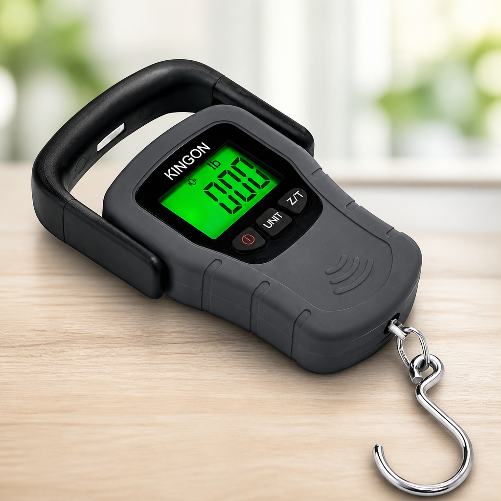 Digital Hanging Luggage Scale with Comfortable Handle and Large Hook, 110lb/50kg, Backlit Portable Scale for Travel Fishing with Tare/Hold Function, AAA Batteries Included, Grey