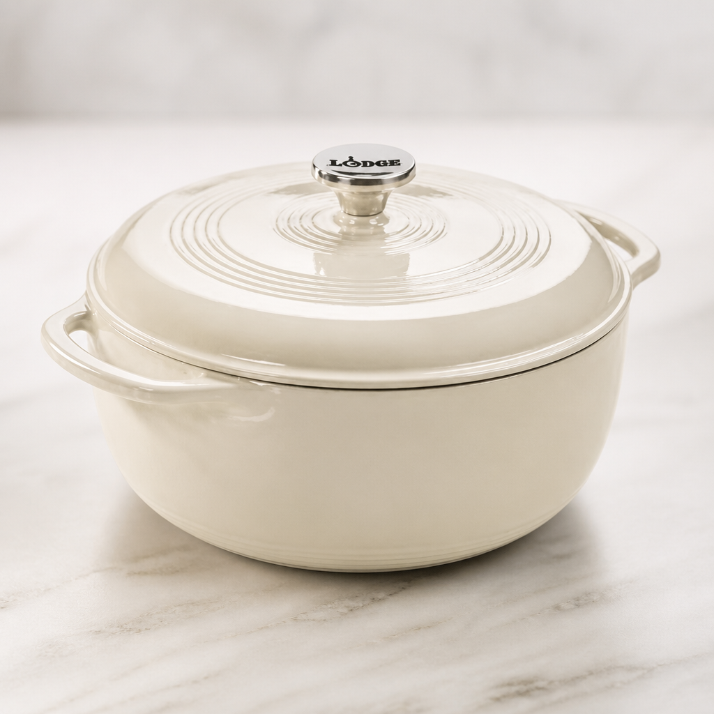 Lodge Essential Enamel Cast Iron Dutch Oven 6 Quarts - Perfect for Bread Baking, Braising, Marinating & Slow Cooking, Features Moisture-Sealing Lid & Dual Handles, Kitchen Essentials, Oyster White