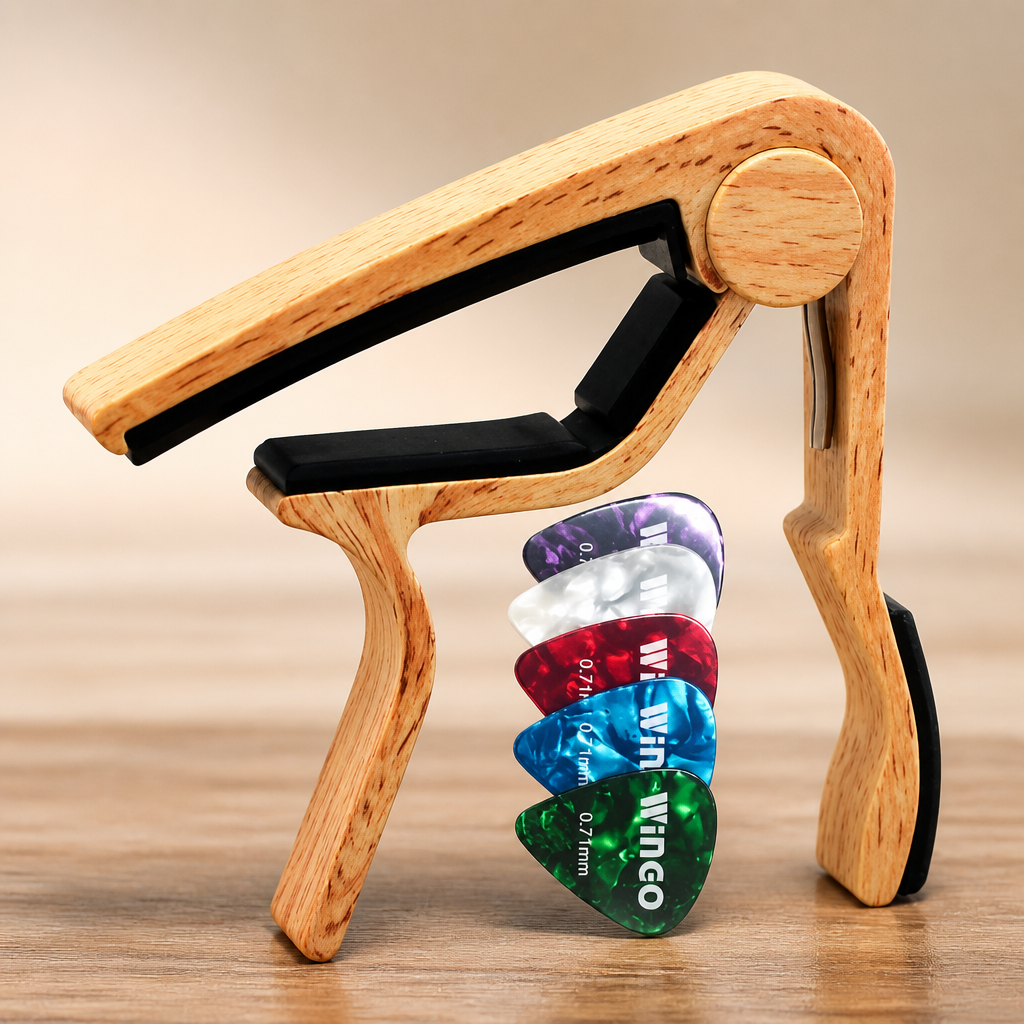 WINGO Guitar Capo for Acoustic and Electric Guitar with 5 Picks, Burlywood | Quick-Release, No Buzz, 6-String Steel Acoustic/Electric