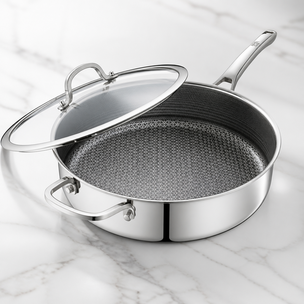 SNOWCLAD Frying Pans Nonstick with Lid,Hybrid Non Stick 5 Quart Saute pan,PFOA Free Cookware,Stainless Steel skillet,12 inch Deep Saute Pan,Dishwasher&Oven Safe,Works on All Cooktops