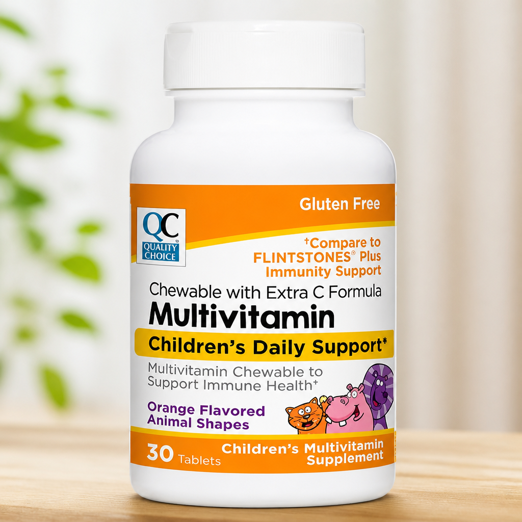 Quality Choice, Chewable Animal Shaped Children's Multivitamin with Extra Vitamin C, Children's Daily Support Orange Flavored Multivitamin Immune Health Supplement, 30 Count Bottle