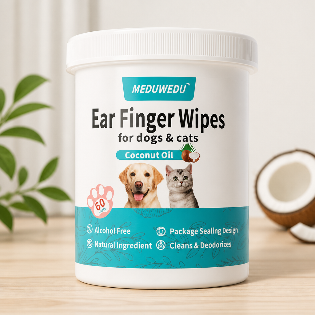 MEDUWEDU Ear Cleaner Finger Wipes 60 Counts, Dog Ear Cleaner, Grooming Kit Care for Dogs and Cats, Soft & Easy Otic Cleaning Pads, Remove Wax, Dirt & Stop Smelly, Itchy, Non-Irritating, Coconut Scent