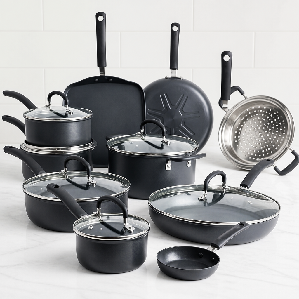 T-Fal Ultimate Hard Anodized Nonstick Pots and Pans Set 17 Piece, Nonstick Cookware Set with Fry Pan, Saucepans, Saute-Pan, Griddle, Dishwasher Safe, Onyx
