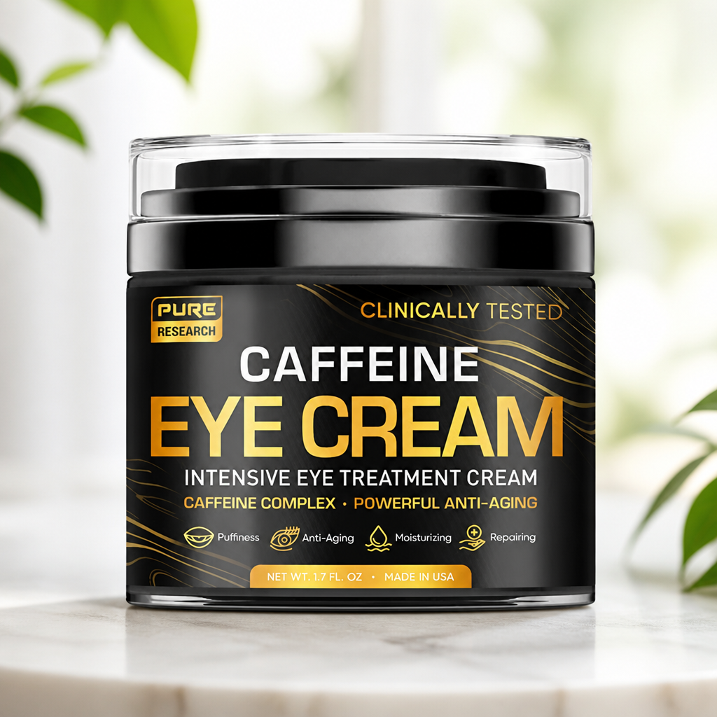 PURE RESEARCH Caffeine Eye Cream For Anti Aging, Dark Circles, Bags, Puffiness. Great Under Eye Skin + Face Tightening, Eye Lift Treatment For Men & Women 1.7oz