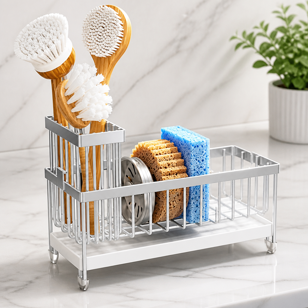 Cisily Sponge Holder for Kitchen Sink, Sink Caddy Organizer with High Brush Holder, Kitchen Countertop Organizers and Storage Essentials, Rustproof 304 Stainless Steel (Silver, 9.25″)