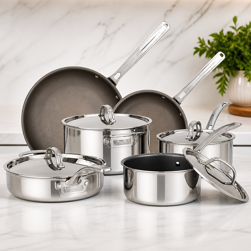 Viking PureGlide Pro 3-Ply Nonstick Cookware Set, Made without PFAS, 10-Piece Induction Pots and Pans Set, Metal Utensil Safe Titanium Nonstick Surface, Oven Safe to 600F
