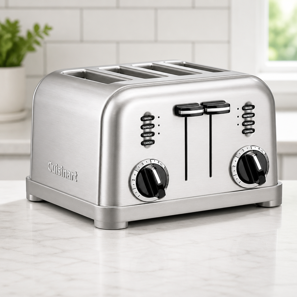 Cuisinart 4 Slice Compact Stainless Steel Toaster with Extra-Wide Slots for Bread, French Toast, Bagels & Pastries, Defrost & Reheat Functions, CPT-180P1, Brushed Stainless, Removable Crumb Tray