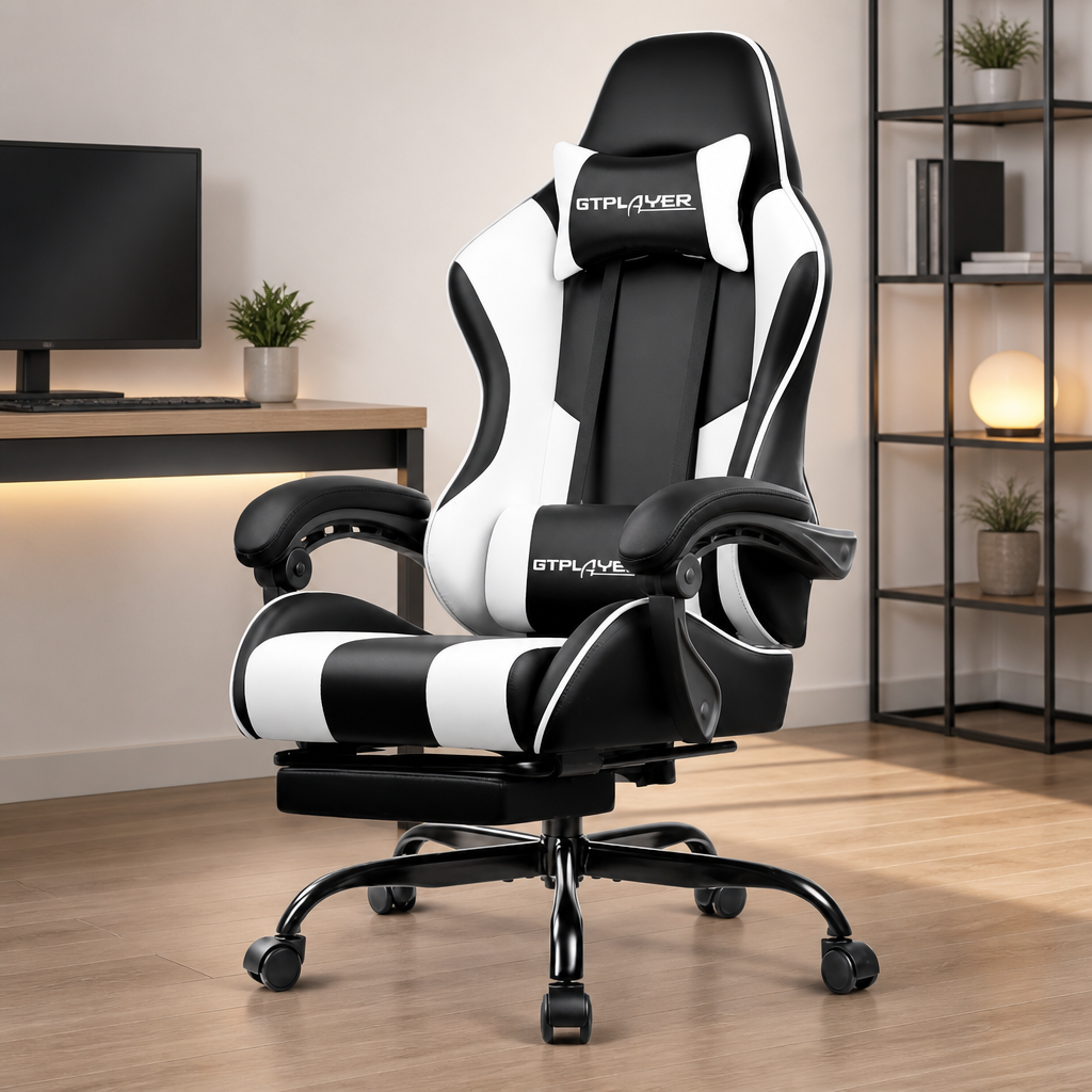 GTPLAYER Gaming Chair, Computer Chair with Footrest and Lumbar Support, Height Adjustable Game Chair with 360°-Swivel Seat and Headrest and for Office or Gaming (Pearl White)