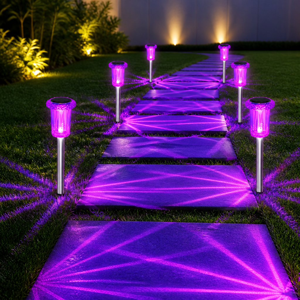 DenicMic Solar Halloween Lights Outdoor 10 Pack Waterproof Outside Lights for Yard Pathway Garden Driveway Walkway Landscape Path Lighting Purple LED Stainless Steel Stake Halloween Decor