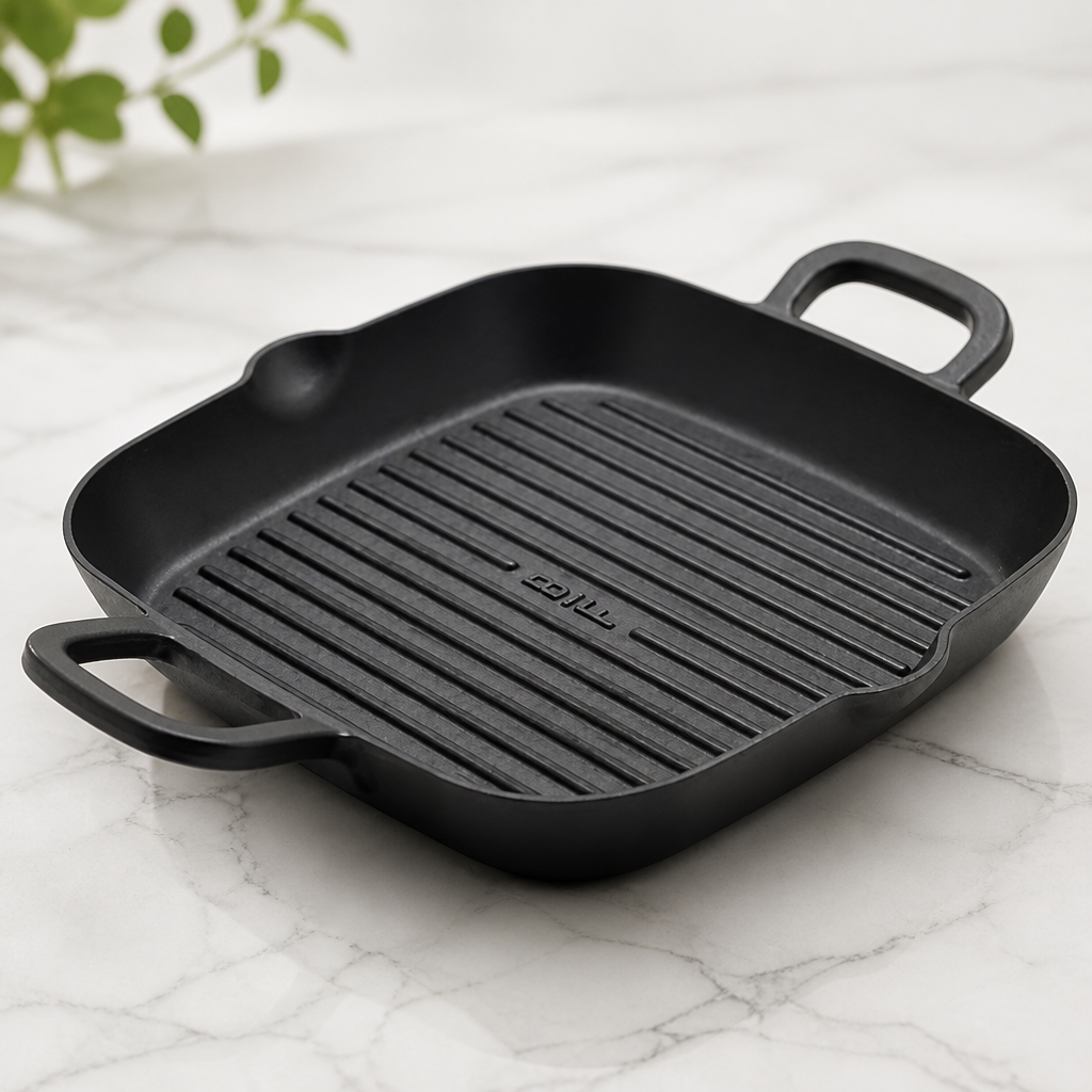 GreenPan x Bobby Flay Cast Iron 11” Square Grill Pan, Pre-Seasoned Professional Grade Heavy Duty Skillet, Helper Handles, Induction Suitable, Stovetop, Oven, BBQ & Fire, Indoor & Outdoor Use, Black
