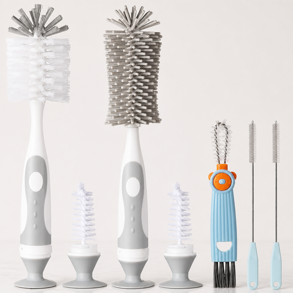 Ariseno 5-in-1 Baby Bottle Cleaner Set, Including Nylon & Silicone Bottle Brush, Cap, Straw & Nipple Brushes, BPA-Free (Grey)