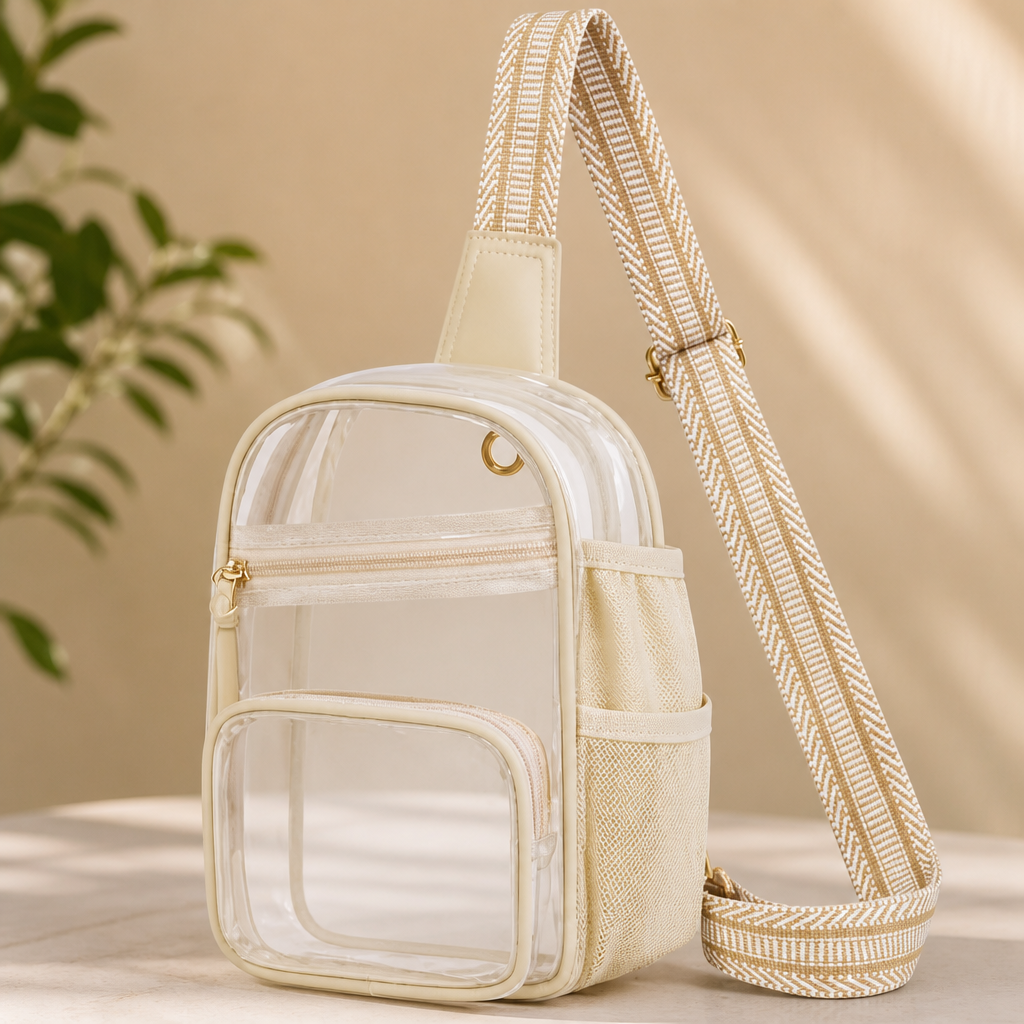 Missnine Clear Bag for Stadium Events Clear Sling Bag Fanny Pack Crossbody Purse for Sport Concert with Side Mesh Pocket