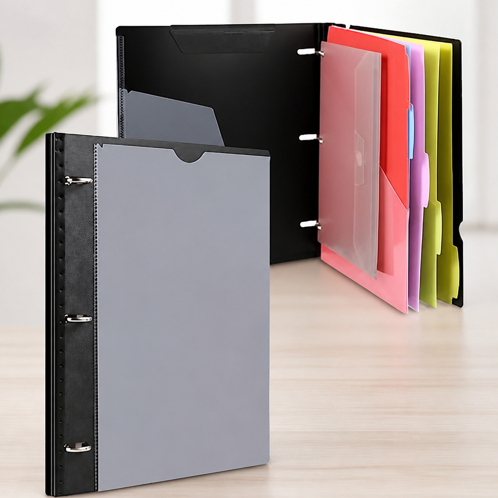WOT I Telescoping Project Organizer, Refillable Binder with Dividers and Pockets, 13 Pocket Folders, 1 Inch 3 Ring Binder, Black