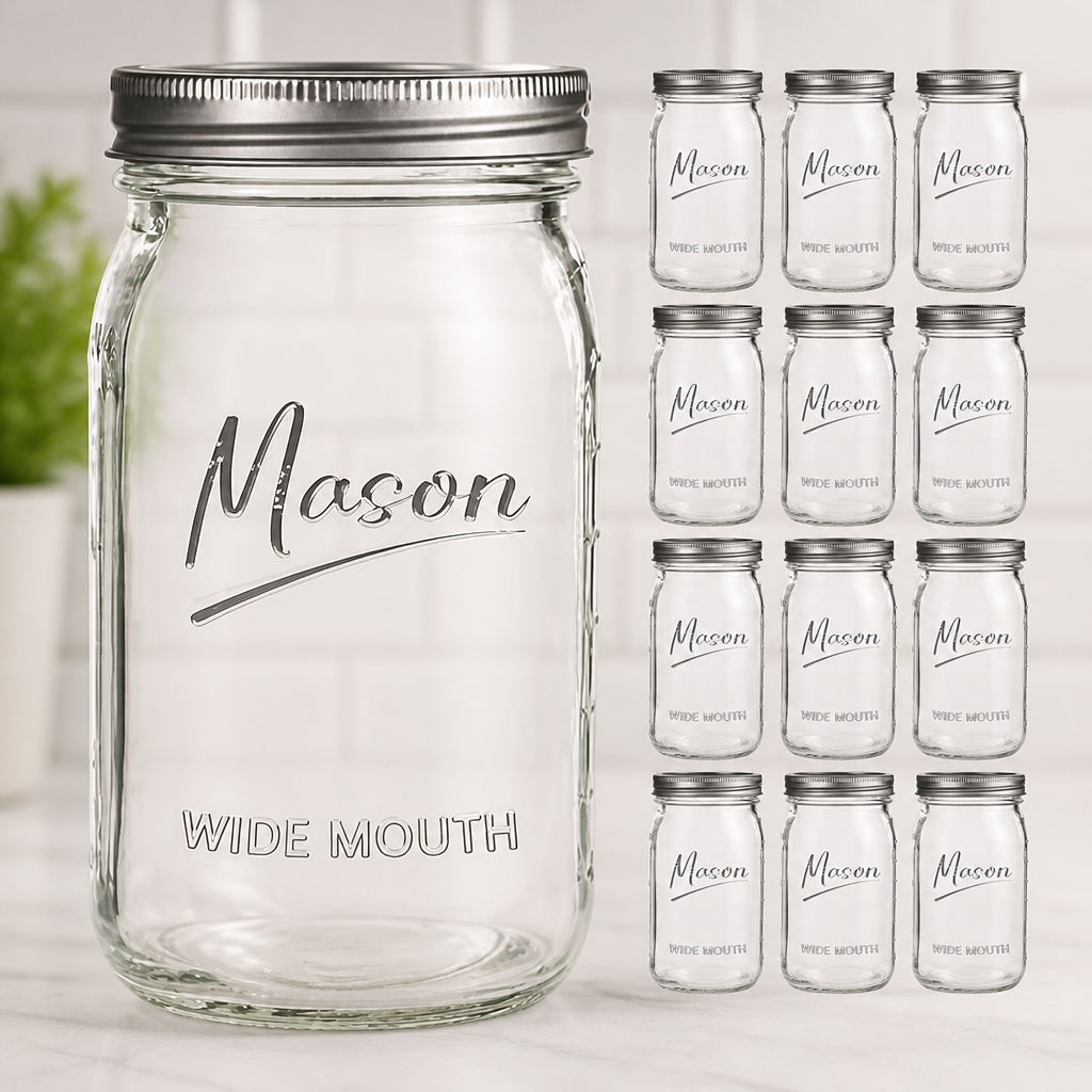 Mason Jars 32 oz,12 Pack Quart Wide Mouth Mason Jar With Airtight Lids,Glass Canning Jars for Fermenting, Pickling,Meal Prep,Overnight Oats & Centerpieces