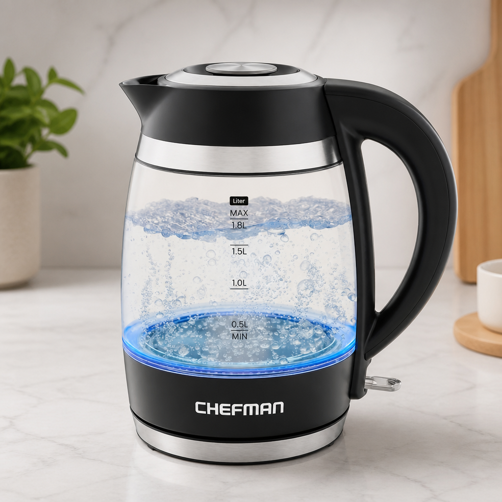 Chefman Electric Kettle, 1.8L 1500W, Hot Water Boiler, Removable Lid for Easy Cleaning, Auto Shut Off, Boil-Dry Protection, Stainless Steel Filter, BPA Free, Borosilicate Glass Electric Tea Kettle