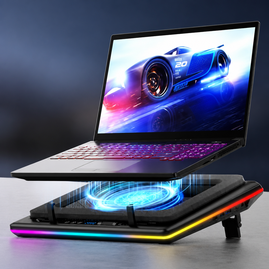 llano V12 Gaming Laptop Cooling Pad, RGB Laptop Cooler, Laptop Cooling Fan Stand with 5.5 Inch Powerful Turbofan, for 15.6-19in Laptop, Adjustable Speed, Dustproof, 3-Port USB Hub, Black (RGB)