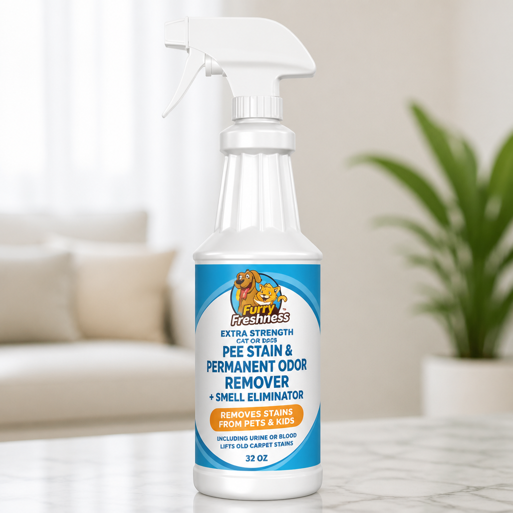 FurryFreshness Extra Strength Cat or Dog Pee Stain & Permanent Odor Remover + Smell Eliminator -Removes Stains from Pets & Kids Including Urine or Blood- Lifts Old Carpet Stains- 32oz Spray