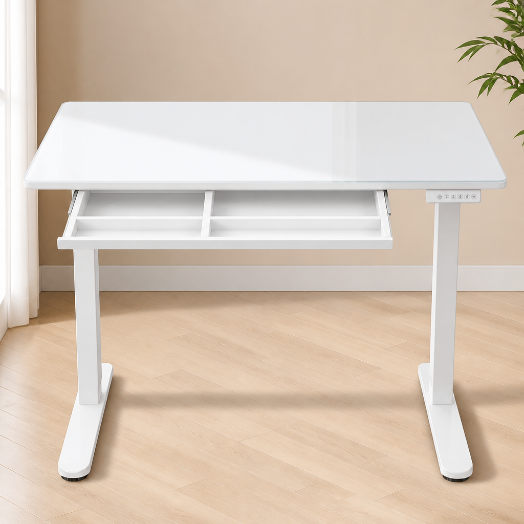 Marsail Glass Standing Desk with Drawer 37 x 22 Inches Stand up Desk Standing Desk Adjustable Height with One-Piece Tempered Glass Top, Ergonomic Home Office Desk with 4 Preset Heights White