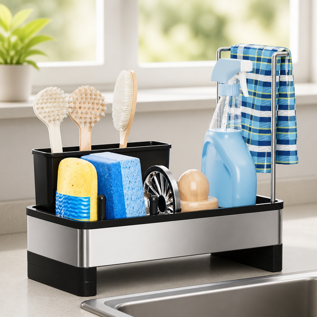 Ewaiira Stainless Steel Sink Caddy, Sponge Holder for Kitchen Sink with Brush Holder and Towel Rack, Sink Organizer for Countertop, Soap Kitchen Organizers Storage Essentials (A-Black)
