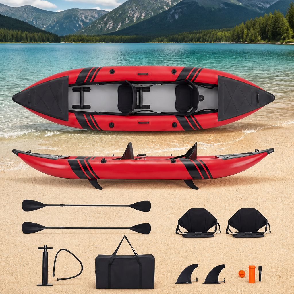 GYMAX Inflatable Kayak, 12.5Ft 507lbs Tandem Kayak with 2 Aluminum Paddles, 2 Padded Seats, Footrests, 2 Fins, Hand Pump, Carry Bag & Repair Kit, 2 Person Fishing Touring Kayak for Adults