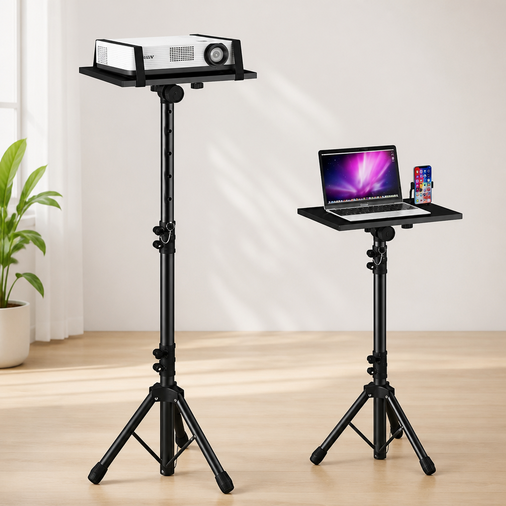 Projector Stand Tripod Adjustable, Laptop Height from 23.5 to 46.5 inches with Gooseneck Phone Holder, Floor for Office, Home, Stage, Studio, DJ Racks Holder Mount