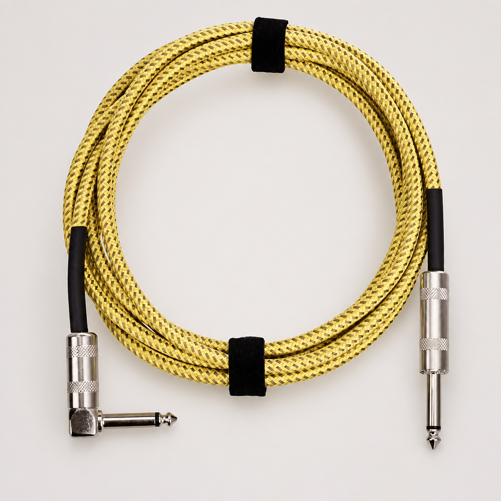 Amazon Basics TS 1/4 Inch Guitar Cable, Tweed Cloth Jacket Right-Angle Instrument Cable for Electric Guitar, Bass Guitar, Amp Cord, 10 Foot, Yellow & Brown