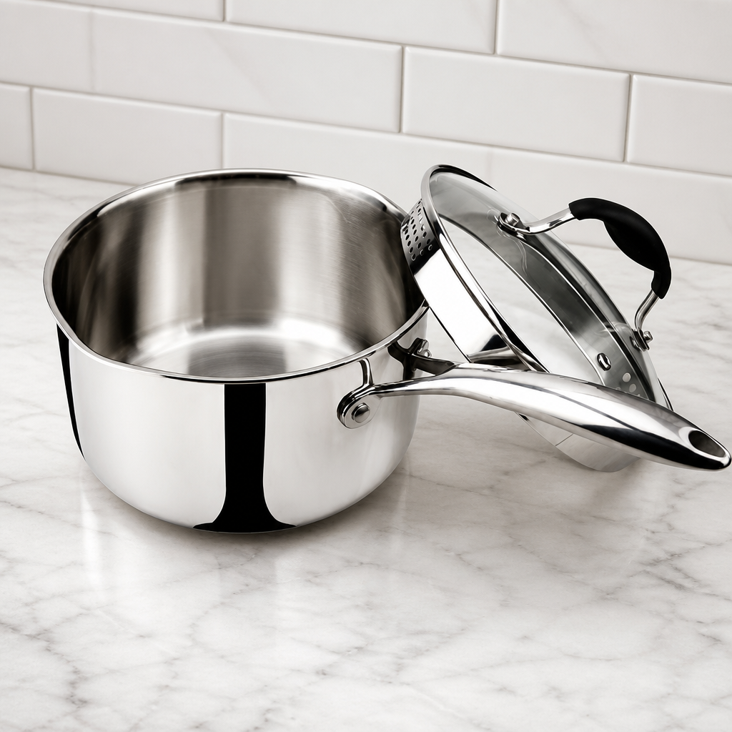 AVACRAFT Tri-Ply Stainless Steel Saucepan with Glass Strainer Lid, Two Side Spouts, Multipurpose Sauce Pan with Lid, Sauce Pot, Cooking Pot (Tri-Ply Full Body, 3.5 Quart)