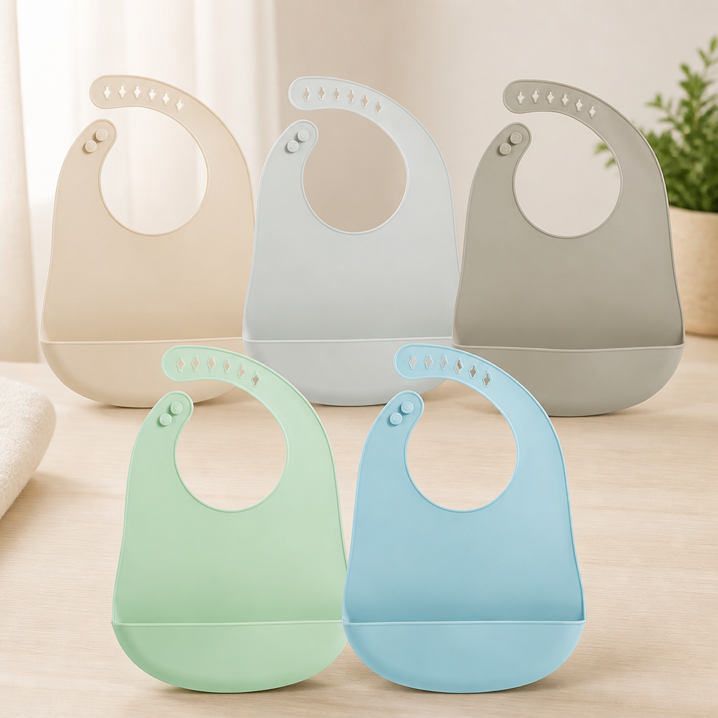 PandaEar 5 Pack Waterproof Silicone Baby Bibs| Super Thin Light Weight Feeding Bib with Food Catcher Pocket for Toddler