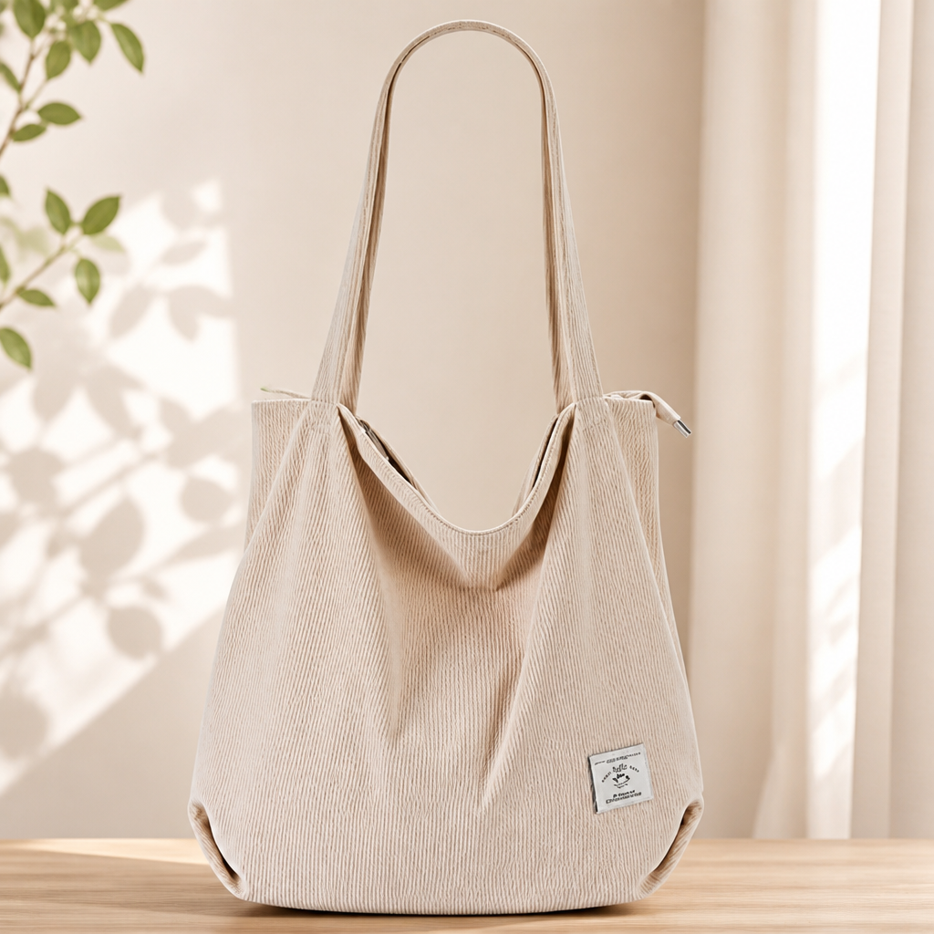 KALIDI Women Corduroy Tote Bag Zipper Casual Tote's Handbag Big Capacity Shoulder Bag with Pockets