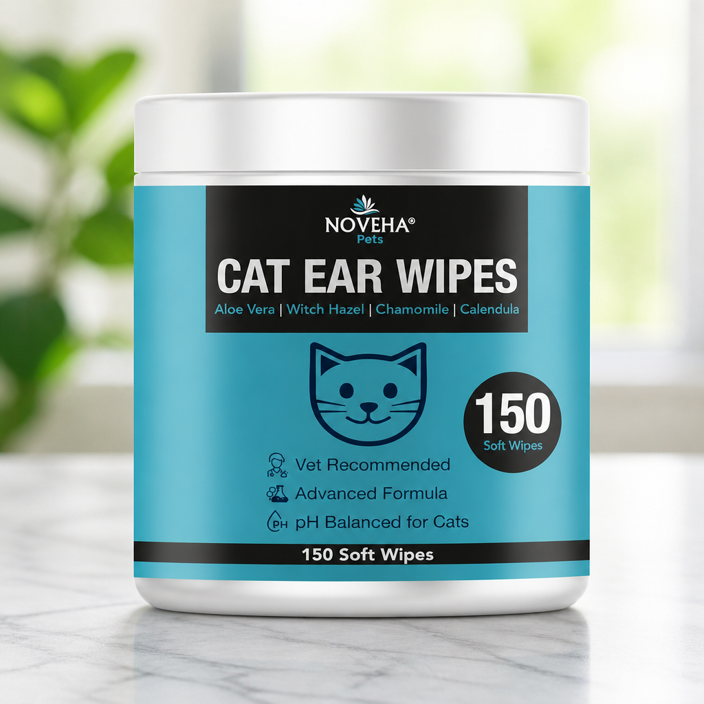 NOVEHA 150 PCs Cat Ear Wipes that Gently Clean & Soothe Sensitive Cat Ears; Soft Ear Cleaner for Removing Wax, Dirt & Odor; Alcohol-Free Ear Care with pH Balanced Formula; Unscented Grooming Care