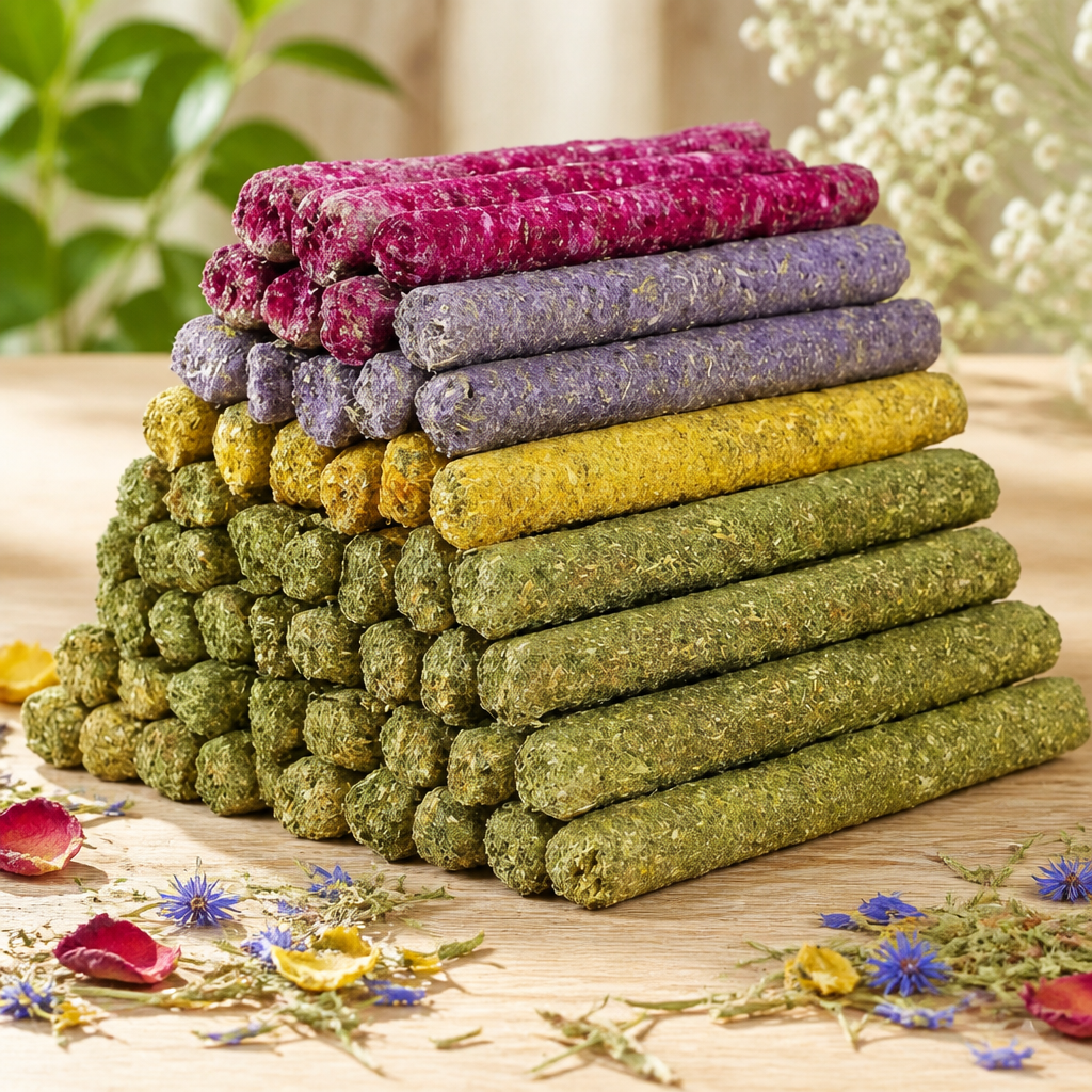 40 Pcs Natural Rabbit Chew Sticks Timothy Hay Sticks Mixing Flowers, Roses, Calendula and Forget Me Not Flowers Organic Treats for Guinea Pigs, Chinchillas, Hamsters Dental Health & Digestion