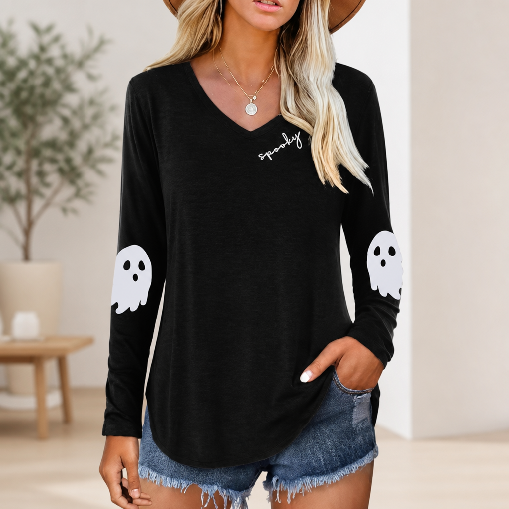 Casual V Neck Shirt for Women Funny Letter Graphic Long Sleeve Tee Holiday Party Family Matching Tops