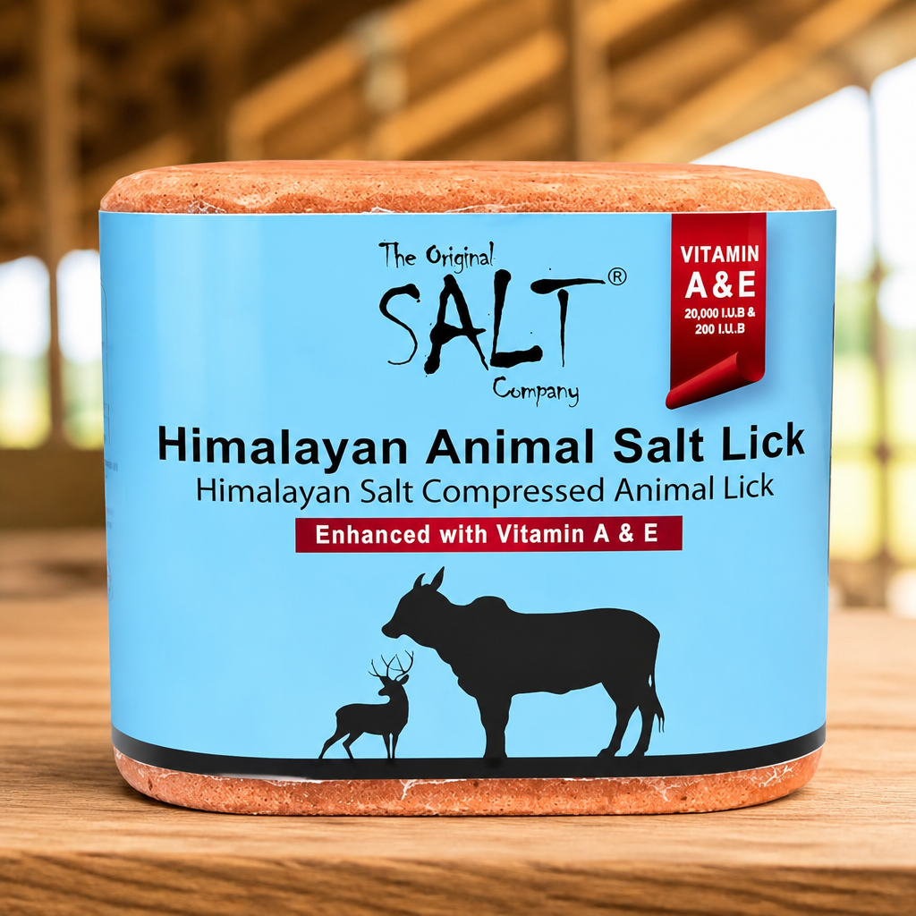 Himalayan Animal Salt Block 5 lb with Vitamins A & E – Fortified Mineral Salt Lick for Horses & Livestock – Compressed Pink Himalayan Block for Stall & Controlled Feeding